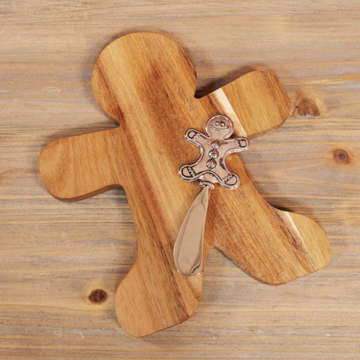 Acacia Wooden Gingerbread Man Cheeseboard & Knife Red Bow product image