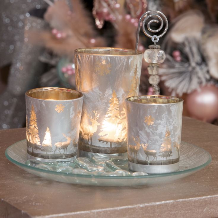 Set of 3 Silver Tea Light Holders on Glass Tray & Stones product image