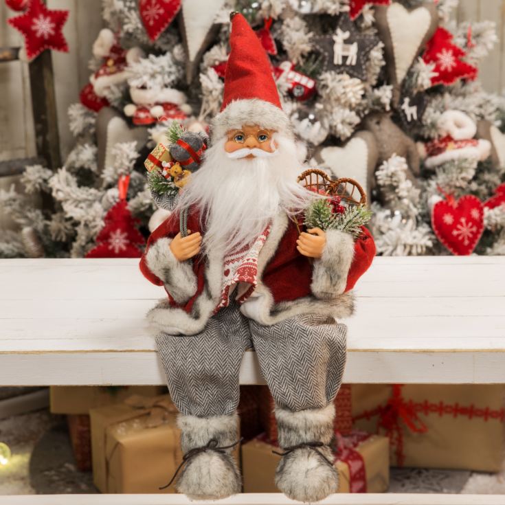 Sitting Santa w/ Red & White Overcoat & Snow Shoes 32cm product image