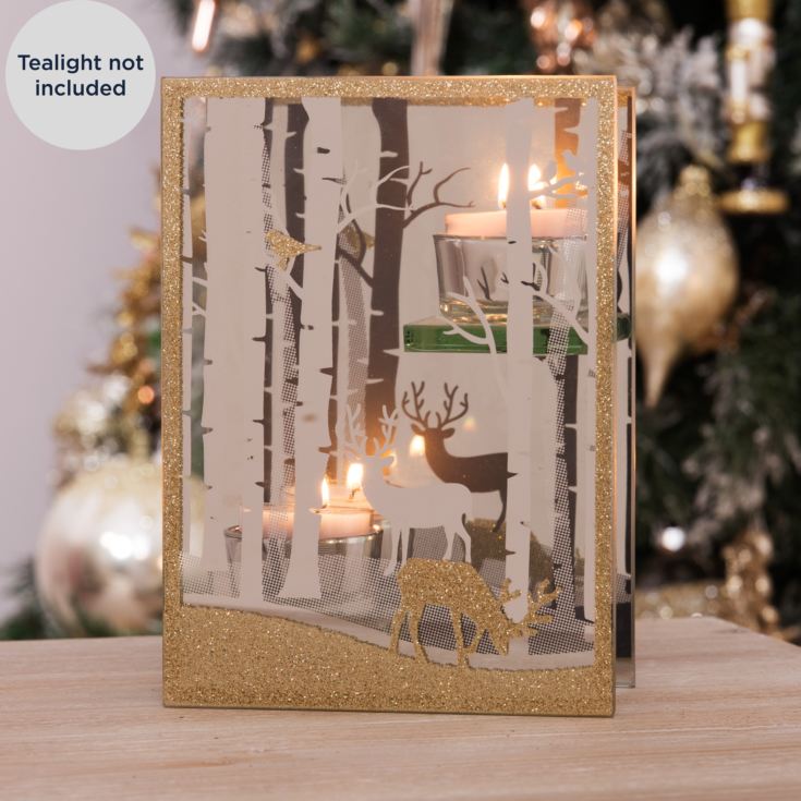Glass Double Tealight Holder Gold Reindeer Scene product image