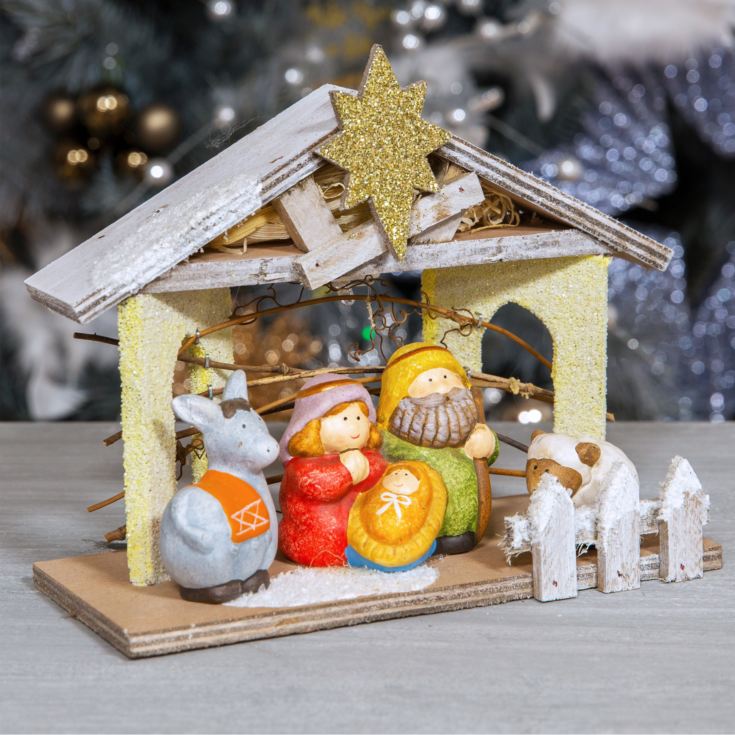 Ceramic 4 Figurine Nativity Set with Light Up Stable product image