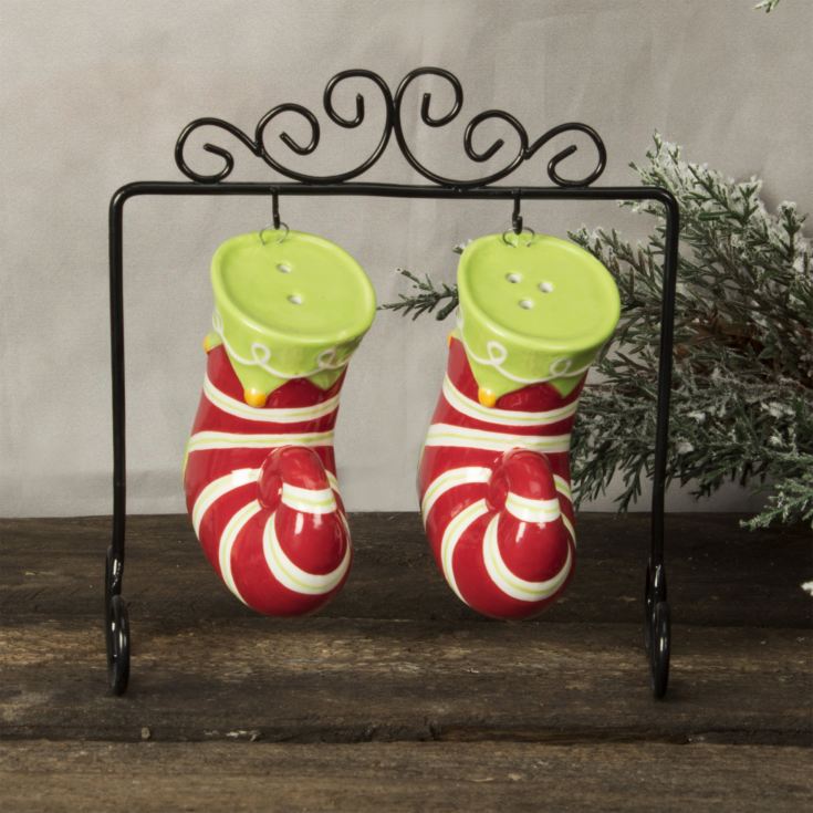 Red & White Striped Stocking Salt & Pepper Pots on Stand product image