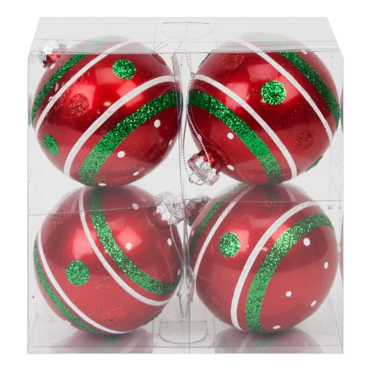 Set of 4 Red, White & Green Baubles 10cm product image