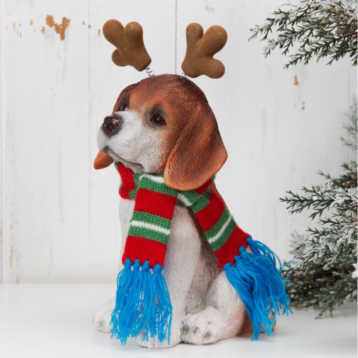 Hand Painted Resin Beagle Dog with Antlers and Knitted Scarf product image
