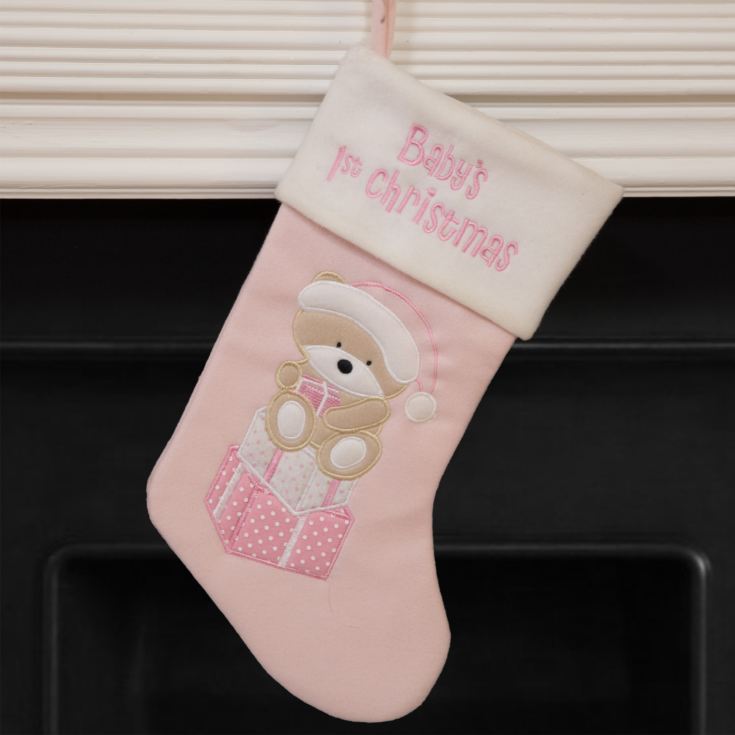 Baby's 1st Christmas Pink Stocking with White Trim & Teddy product image
