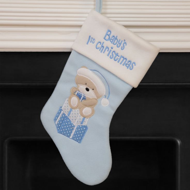 Baby's 1st Christmas Blue Stocking with White Trim & Teddy product image