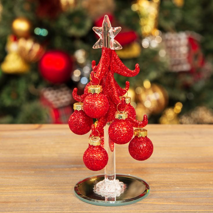 Small Frosted Glass Christmas Tree with Red Baubles 15.5cm product image