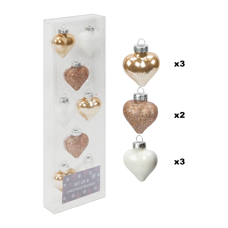 Set of 8 Gold & White Glass Heart Baubles 5cm product image