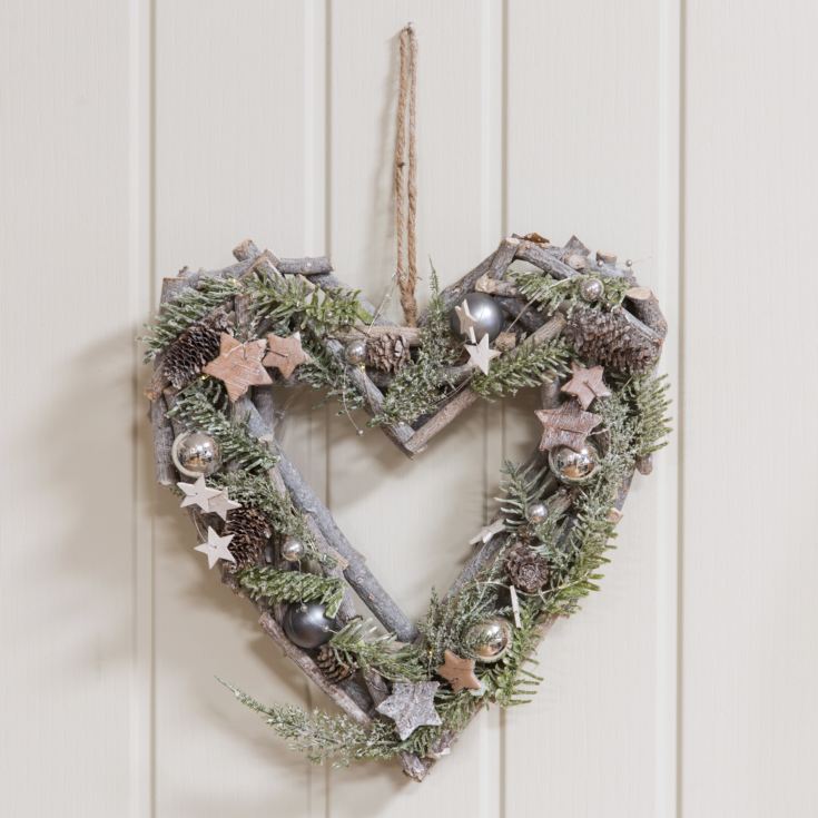 Wood Heart Wreath 10 LEDs Silver Baubles & Pine Cones product image