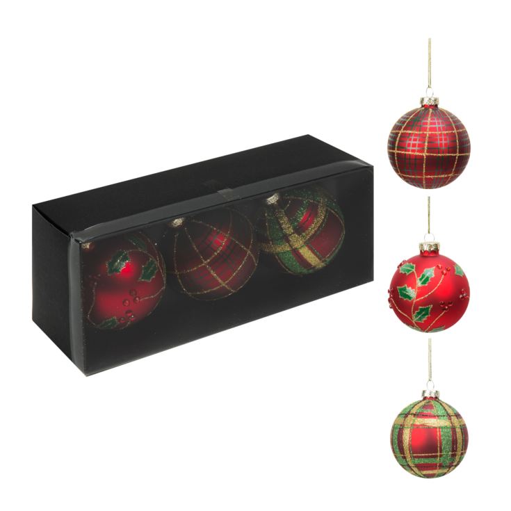Set of 3 Round Glass Baubles - Gold/Red/Green 8cm product image