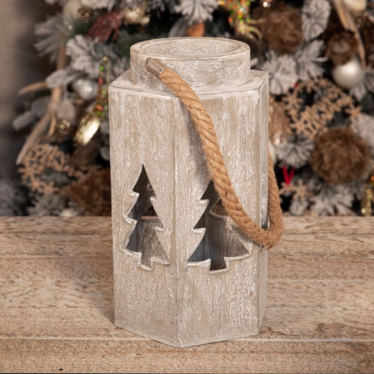 Large Wood Effect Lantern for LED Candle with Cut Out Tree product image