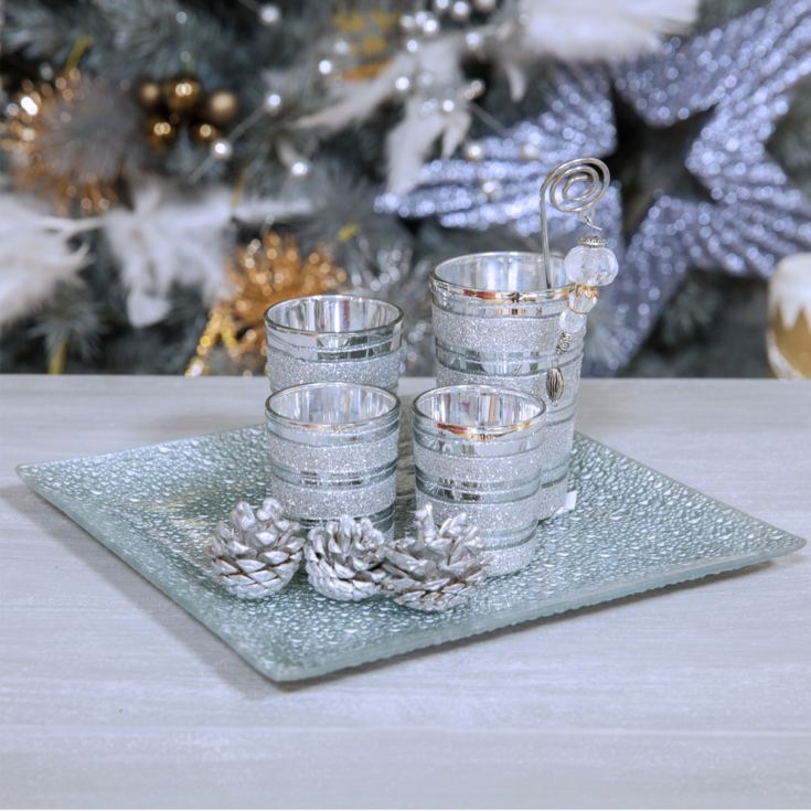 Set of 4 Silver Glass Votive Holders on Tray product image