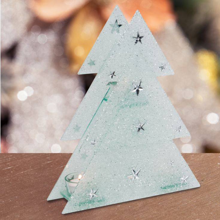 Glitter Glass Christmas Tree Triple Tealight Holder product image