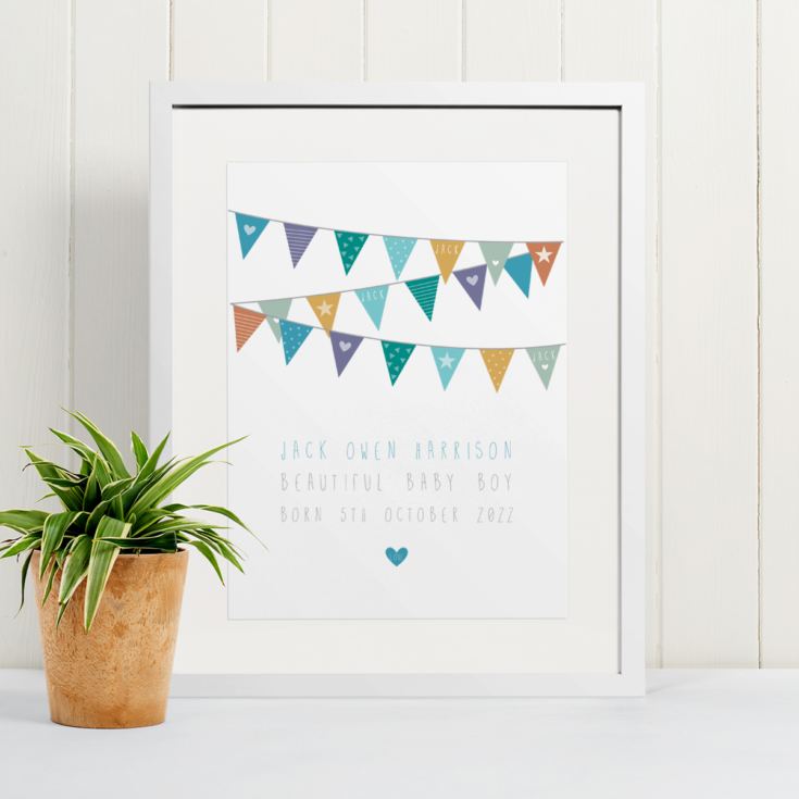 New Baby Boy Bunting Design Personalised Framed Print product image