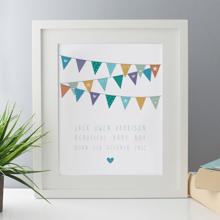 New Baby Boy Bunting Design Personalised Framed Print product image