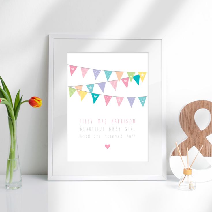 New Baby Girl Bunting Design Personalised Framed Print product image