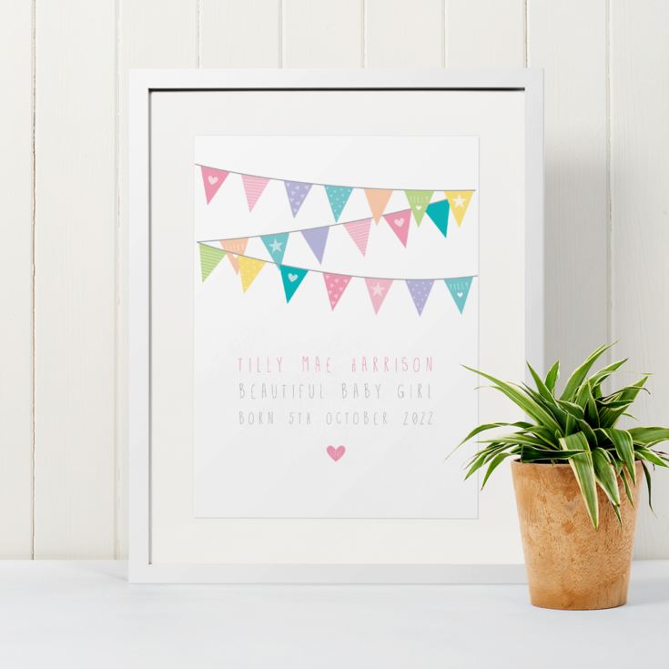 New Baby Girl Bunting Design Personalised Framed Print product image