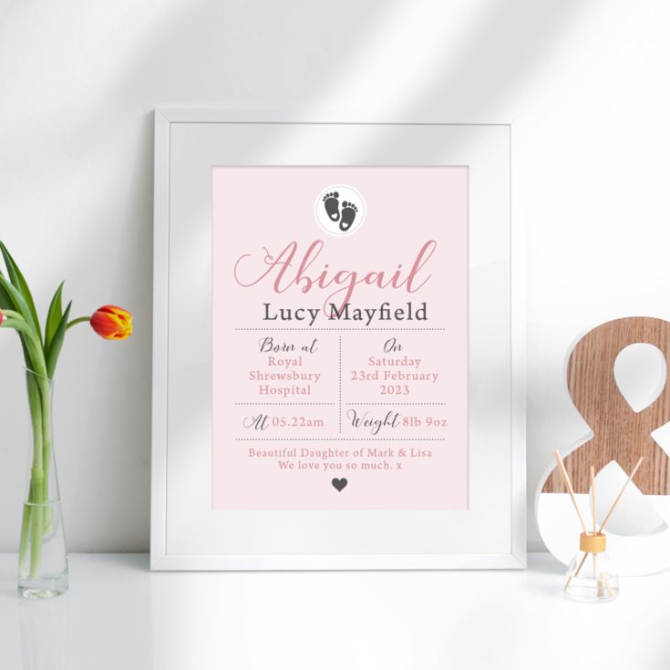 Personalised Baby Details Framed Print - Pink product image