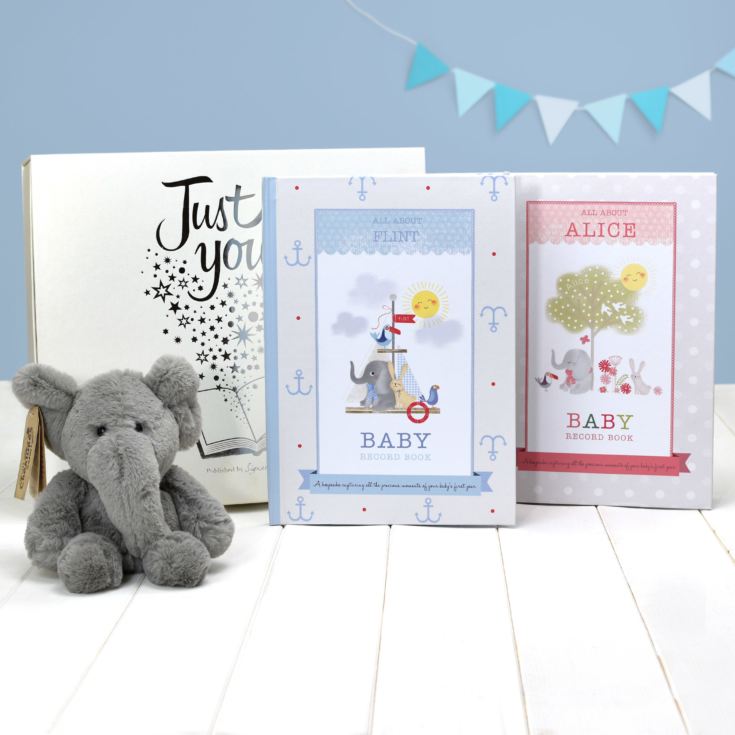 Personalised Baby Record Book with Plush Elephant The Gift Experience