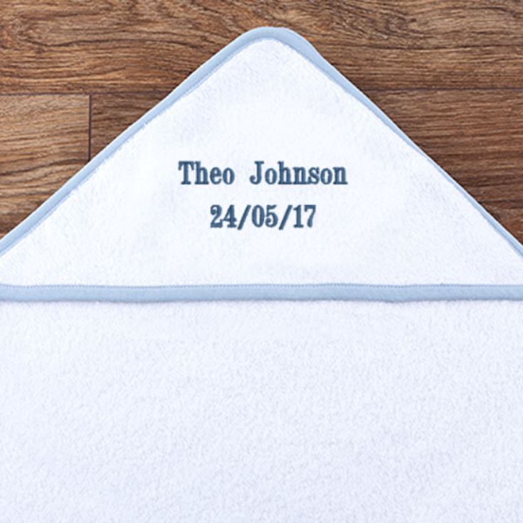 Personalised Embroidered Baby's White With Blue Trim Hooded Towel product image