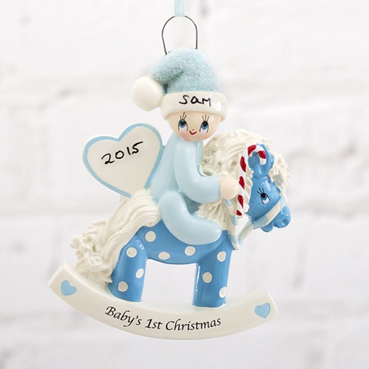 Personalised Baby's 1st Christmas Blue Rocking Horse Hanging Ornament product image