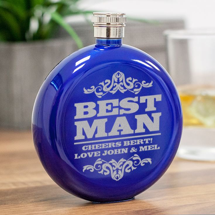 Personalised Best Man Round Blue Stainless Steel Hipflask product image