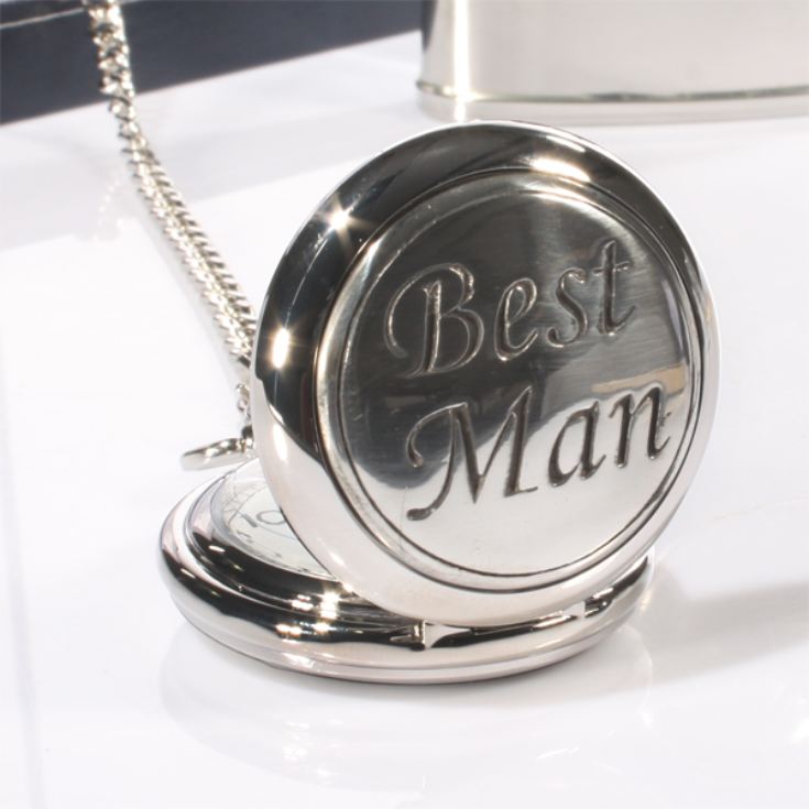 Best Man Chrome Hip Flask & Pocket Watch Gift Set in Personalised Box product image