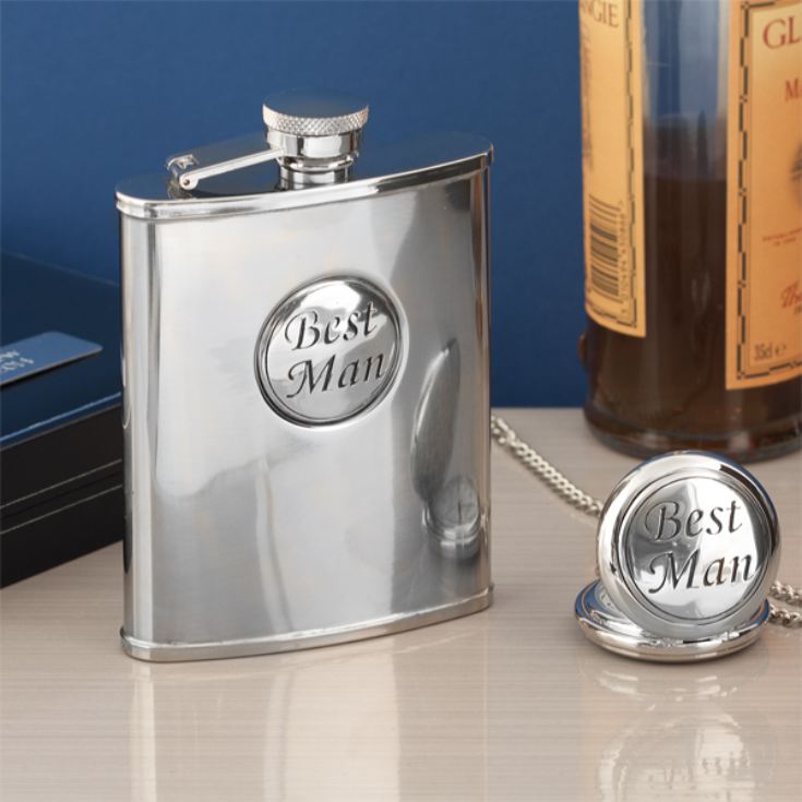 Best Man Chrome Hip Flask & Pocket Watch Gift Set in Personalised Box product image