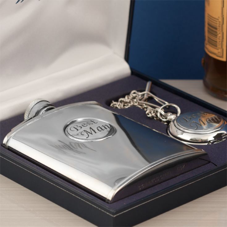 Best Man Chrome Hip Flask & Pocket Watch Gift Set in Personalised Box product image
