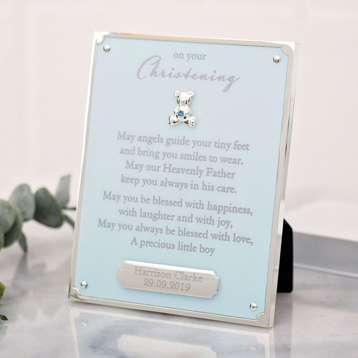 On Your Christening Engraved Plaque Blue The Gift Experience