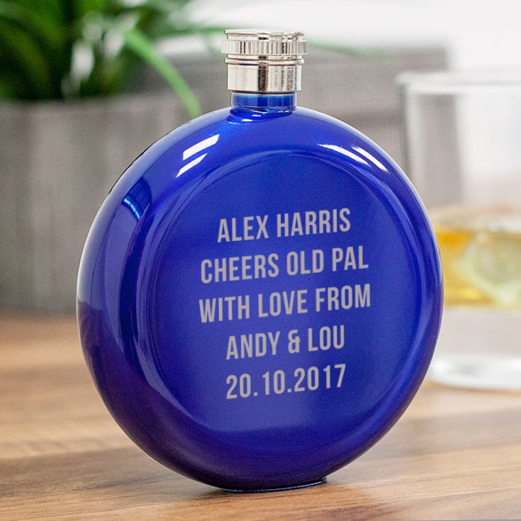 Personalised Round Blue Stainless Steel 5oz Hipflask product image