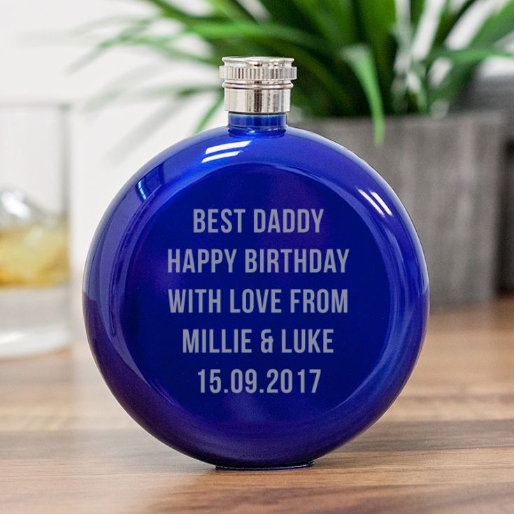 Personalised Round Blue Stainless Steel 5oz Hipflask product image