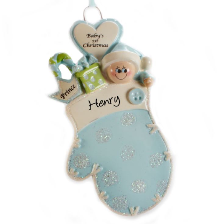 Personalised Baby's 1st Christmas Mitten Blue Hanging Ornament product image