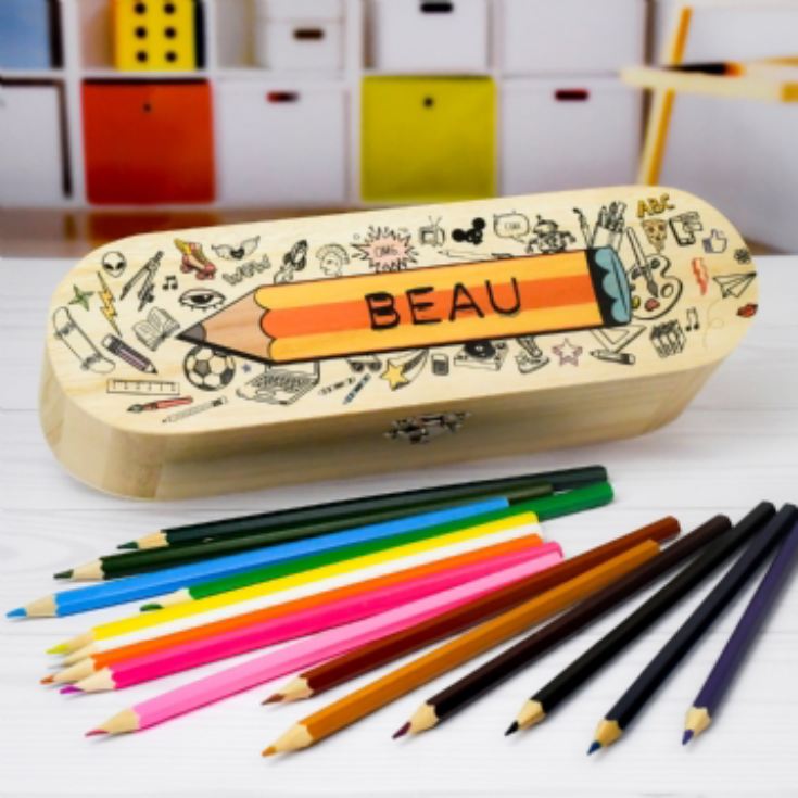 Personalised Wooden Pencil Case with Pencils product image