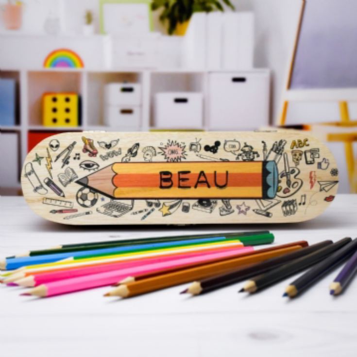 Personalised Wooden Pencil Case with Pencils product image