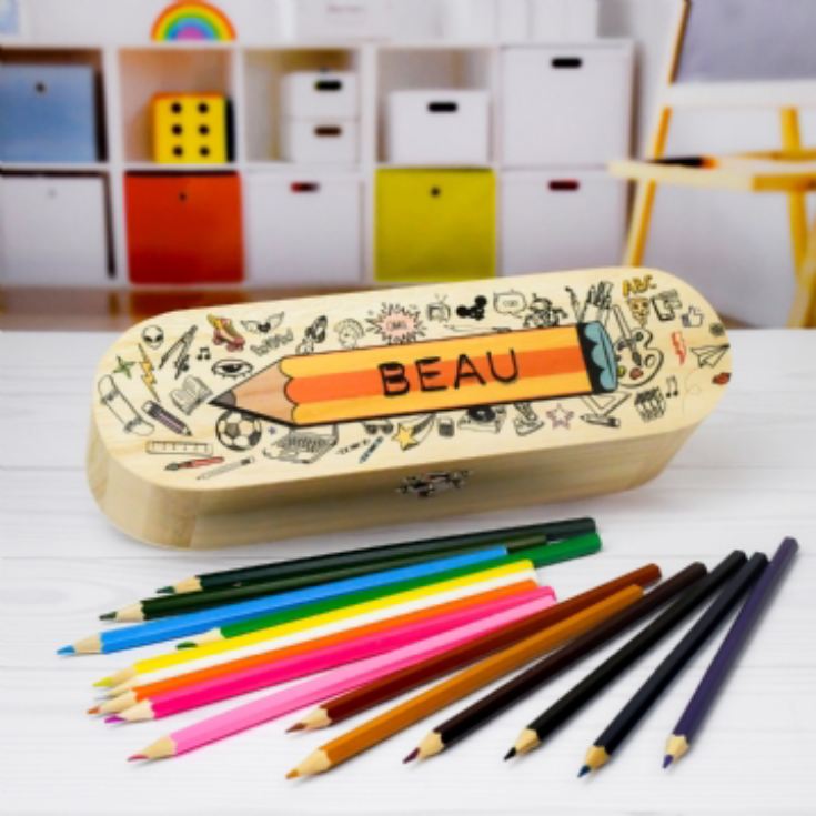 Personalised Wooden Pencil Case with Pencils product image