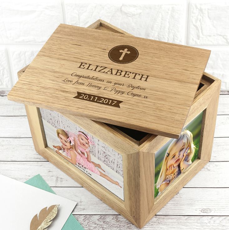 Personalised Christening Cross Midi Oak Photo Cube Keepsake Box product image