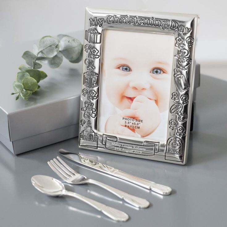 Personalised Christening Day Frame With Knife Fork & Spoon Set product image