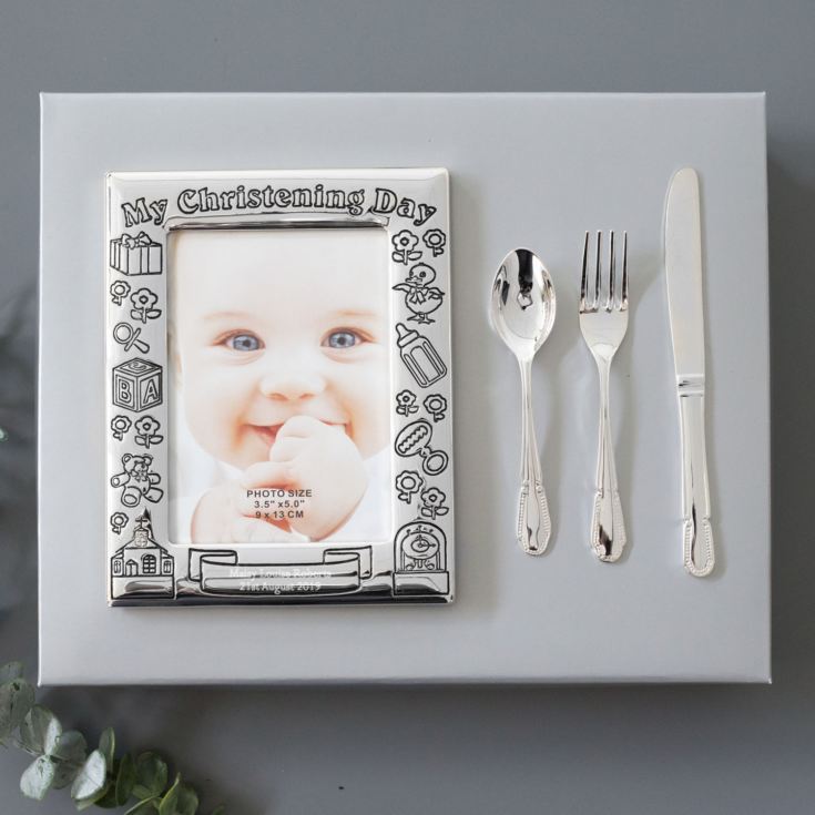 Personalised Christening Day Frame With Knife Fork & Spoon Set product image