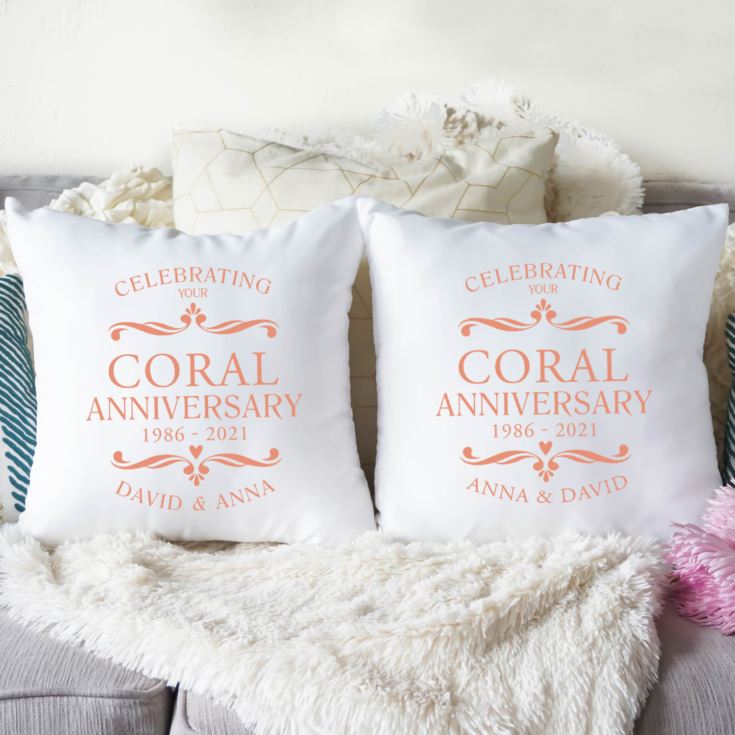 Personalized Pair Of Coral Anniversary Cushions for 35th-anniversary