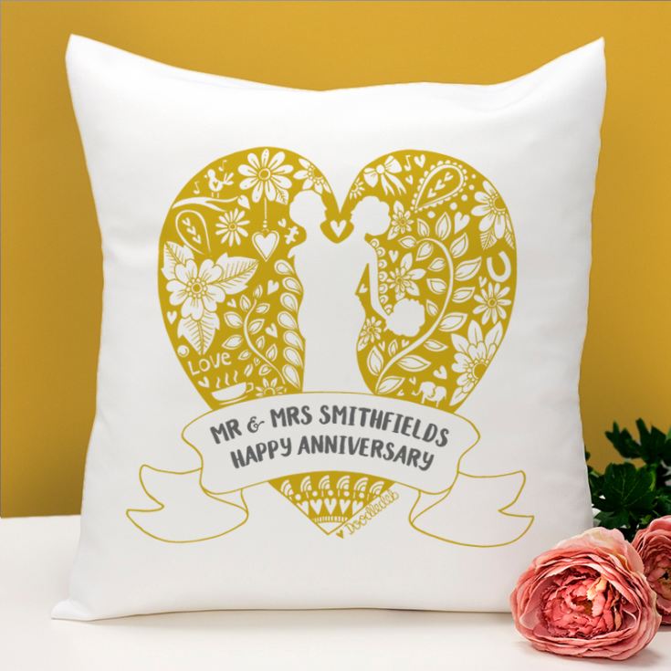 Exclusive Personalised Golden Anniversary Doodle Heart Cushion by