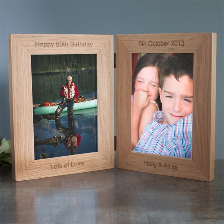 Personalised Solid Oak Double Photo Frame The Gift Experience Personalised Solid Oak Hinged Double Photo Frame Product Image