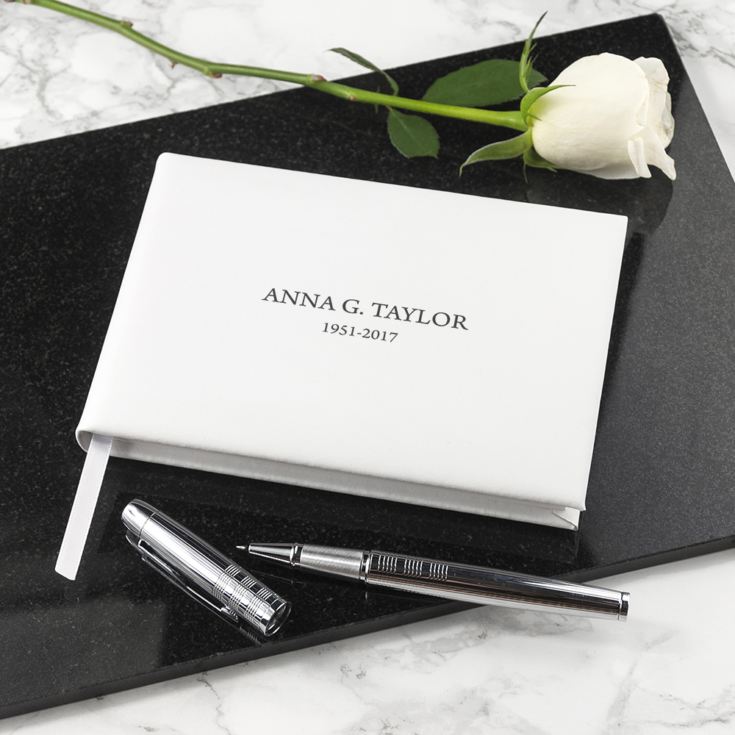 Engraved White Leather Memoriam Book product image
