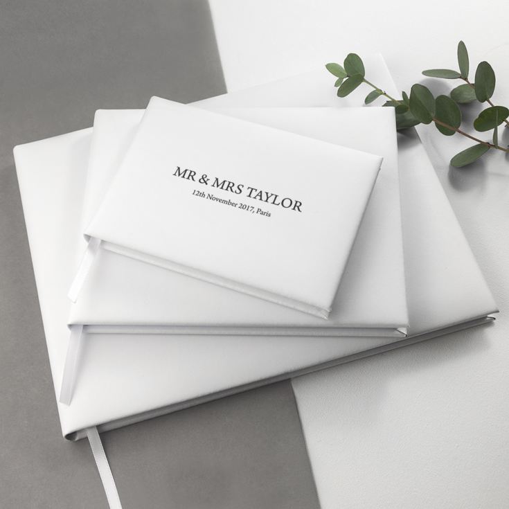 Engraved White Leather Wedding Guest Book product image