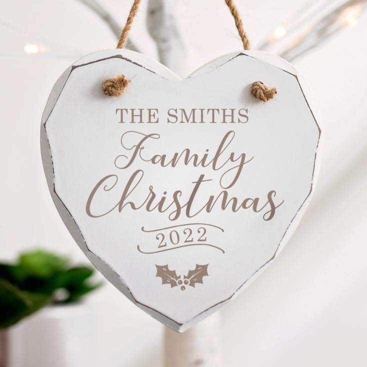 Personalised Family Christmas White Wooden Hanging Heart product image