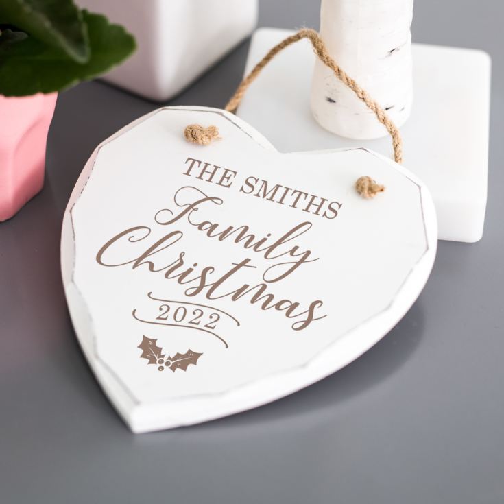 Personalised Family Christmas White Wooden Hanging Heart product image