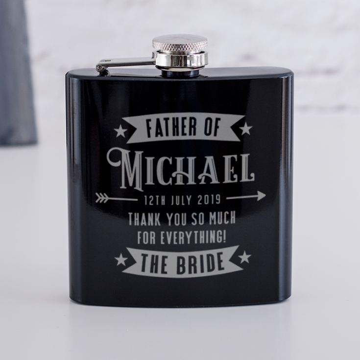 Personalised Father Of The Bride Shiny Black Hip Flask product image