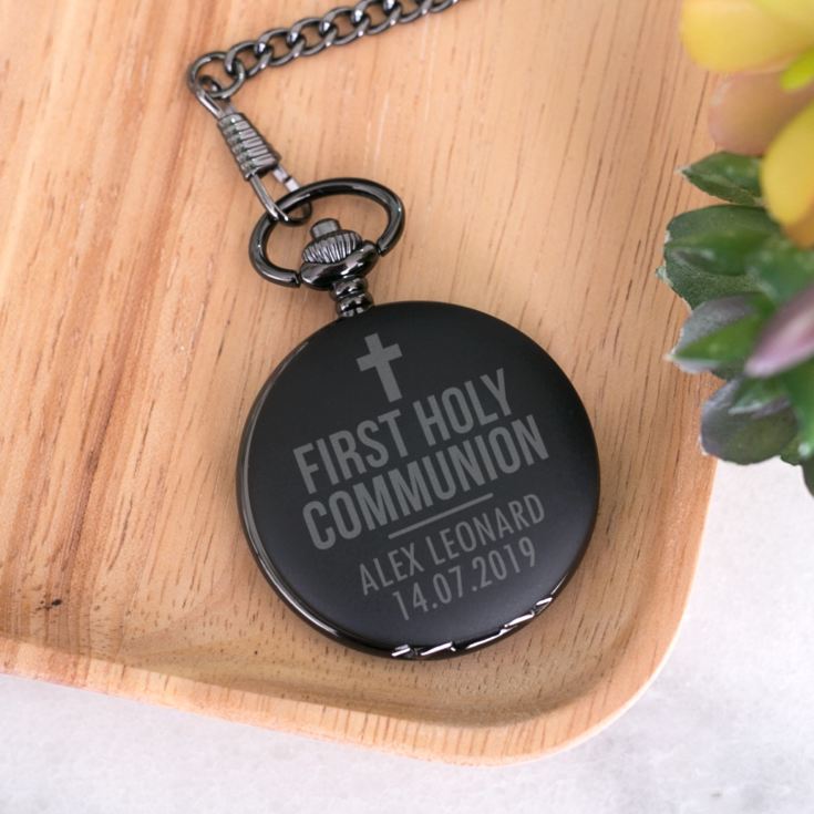 First Holy Communion Personalised Black Pocket Watch product image