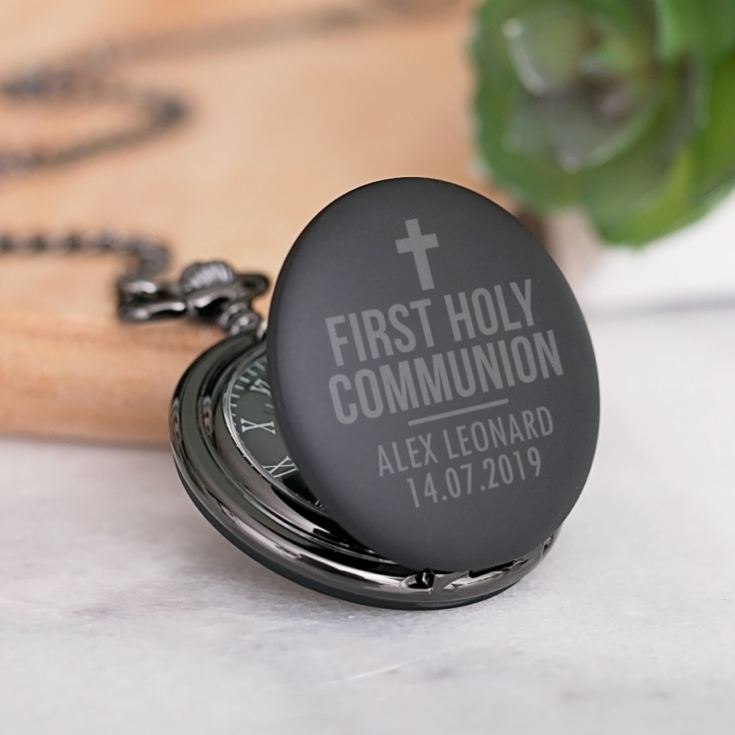 First Holy Communion Personalised Black Pocket Watch product image