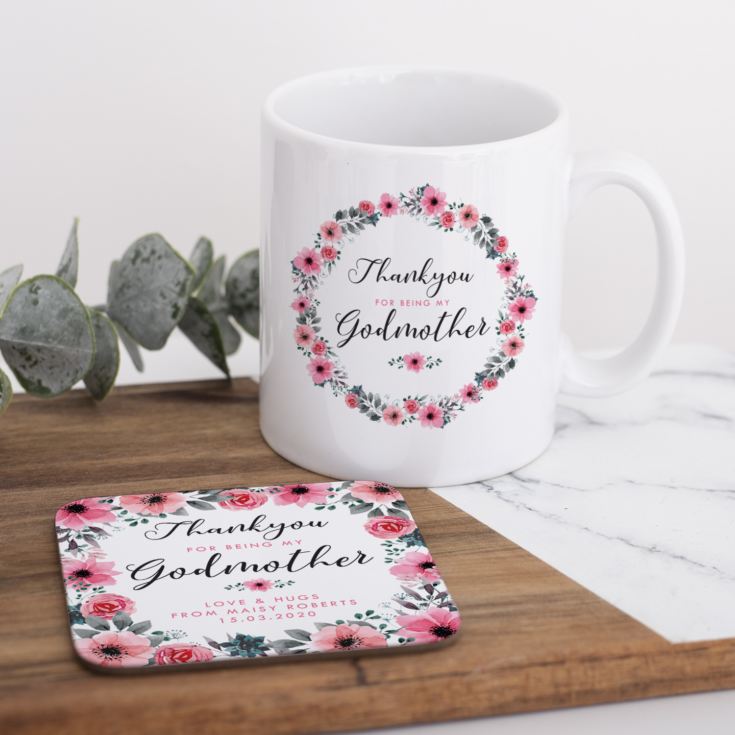 Personalised Godmother Floral Design Mug & Coaster Set product image